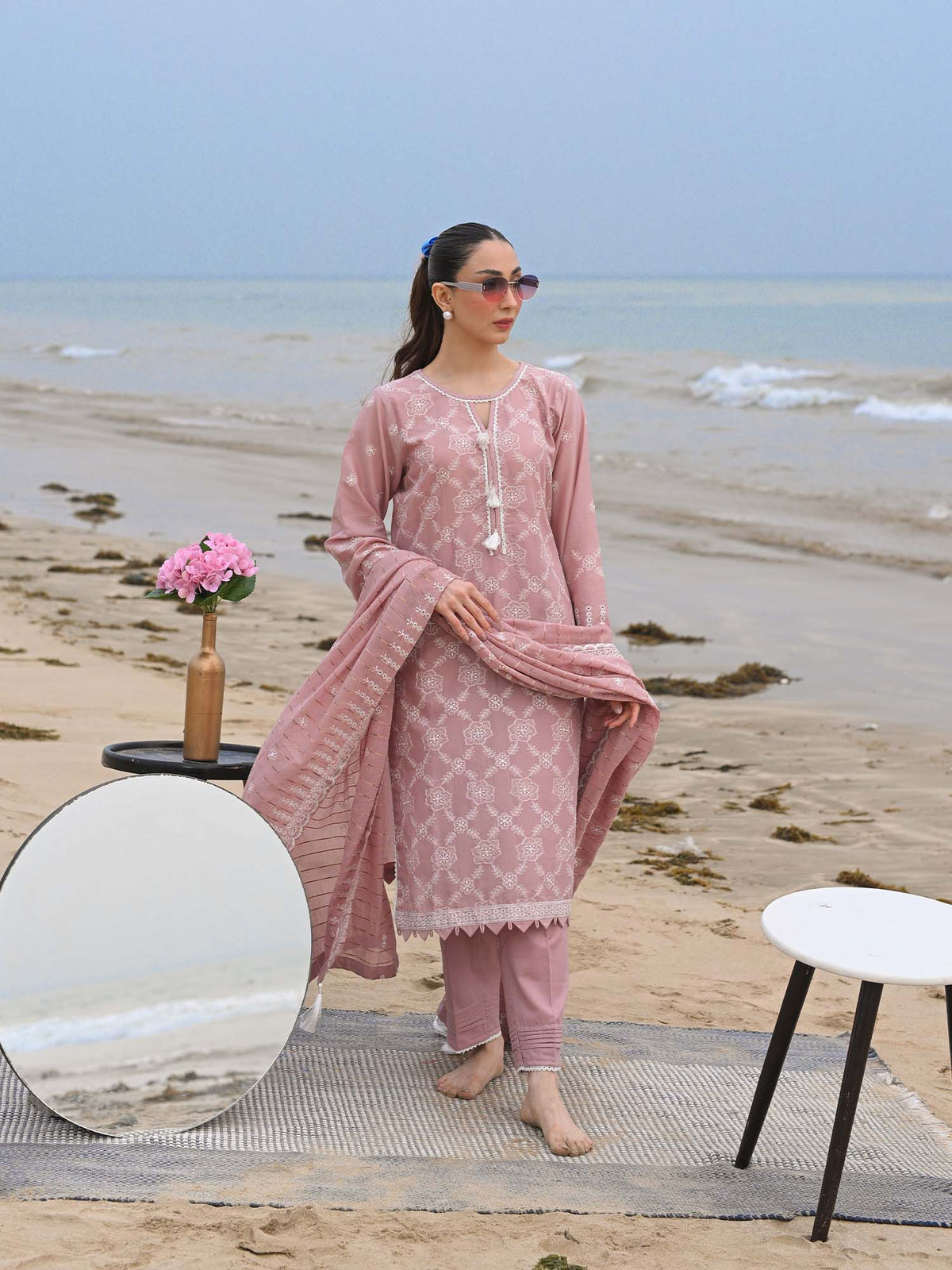 D-08 Schiffli Embroidered Suit Pink